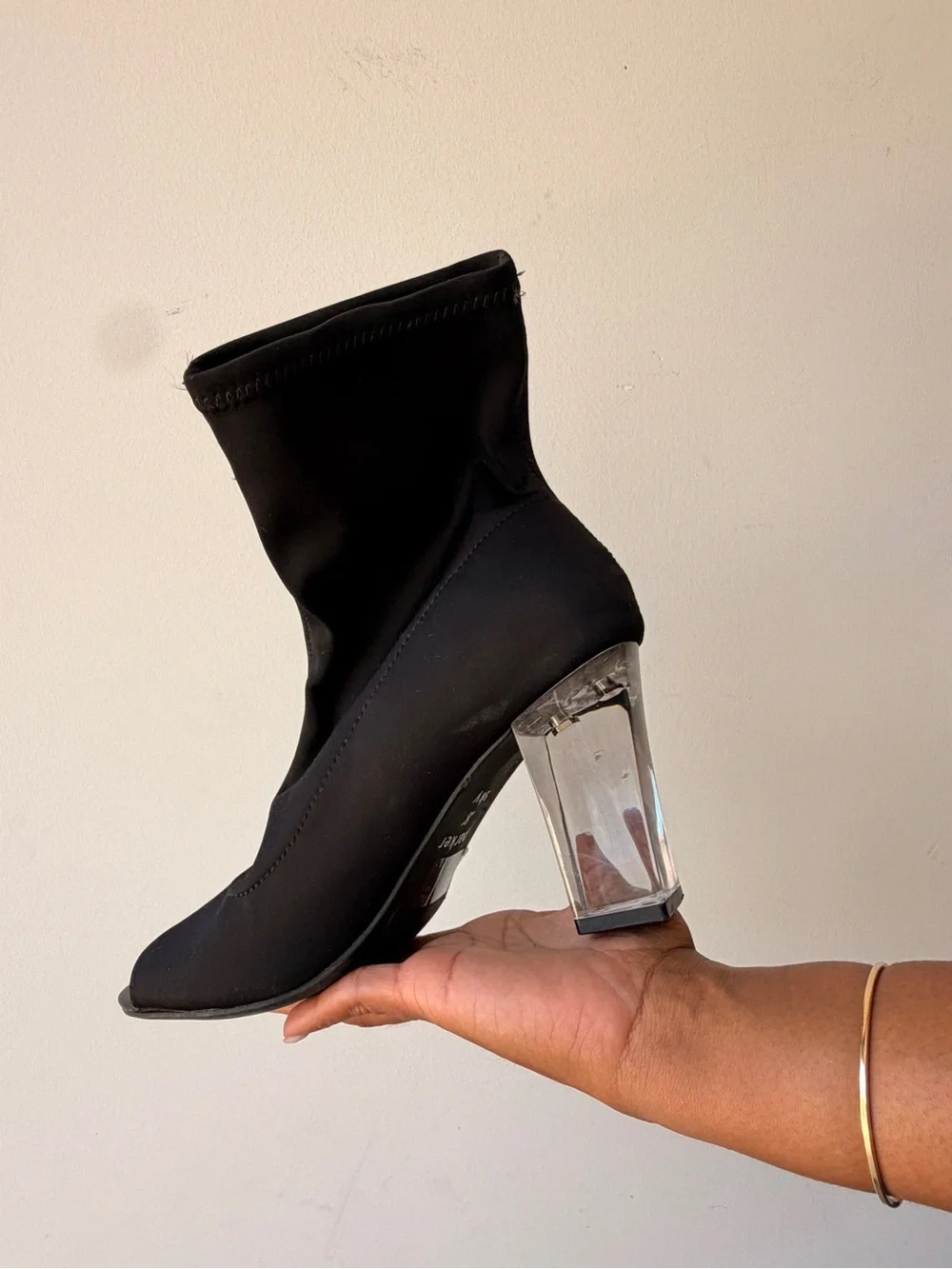 Black Peep-Toe Sock Boot with Clear Block Heel